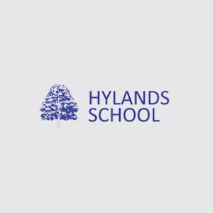 Hylands School logo, featuring a blue lineart tree