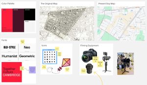 A collage of several images. They depict Together Culture's colour palette and type font. A justaposition between an old map of the Kite and a screenshot from Google Maps. The camera model and kit that was used for filming, and a selection of icons for the kite animation.