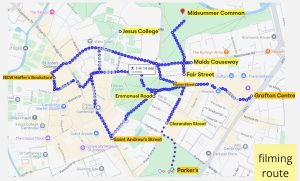A Google screenshot of Cambridge, UK. Blue dots illustrate the walking route for filming. Each main location is given a name with a yellow label, written on with black text.