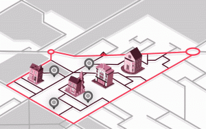 An animated gif of a map. The background is grey. The map is outlined with bright pink and has the shape of a kite. Four buildings are placed at four key locations within the map. There are four black location pinks next to them. An animated kite flies above the outlined map. A text reads Let's Go Fly the Kite
