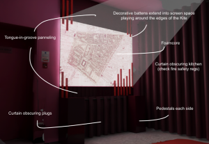 A dark burgundy background representing the space where the installation is is overlaid with a simulation of a projected map. The image is annotated with text pointing to different areas of the design idea.