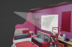 a screenshot from the software Blender. Left hand side is in grey and it shapes into a pink wall to the left. The image showcases a projected old-fashioned map on a pink wall. There are two sofas and stationery cabinets around.